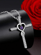 Women's Cross Encrusted Zircon Pendant Love Shaped Birthstone Necklace