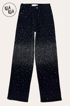 Sparkle Wide Leg Denim Jeans with Rhinestones in Black