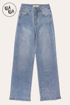 Viral Stretchy Rhinestone Wide Leg Jeans in Blue