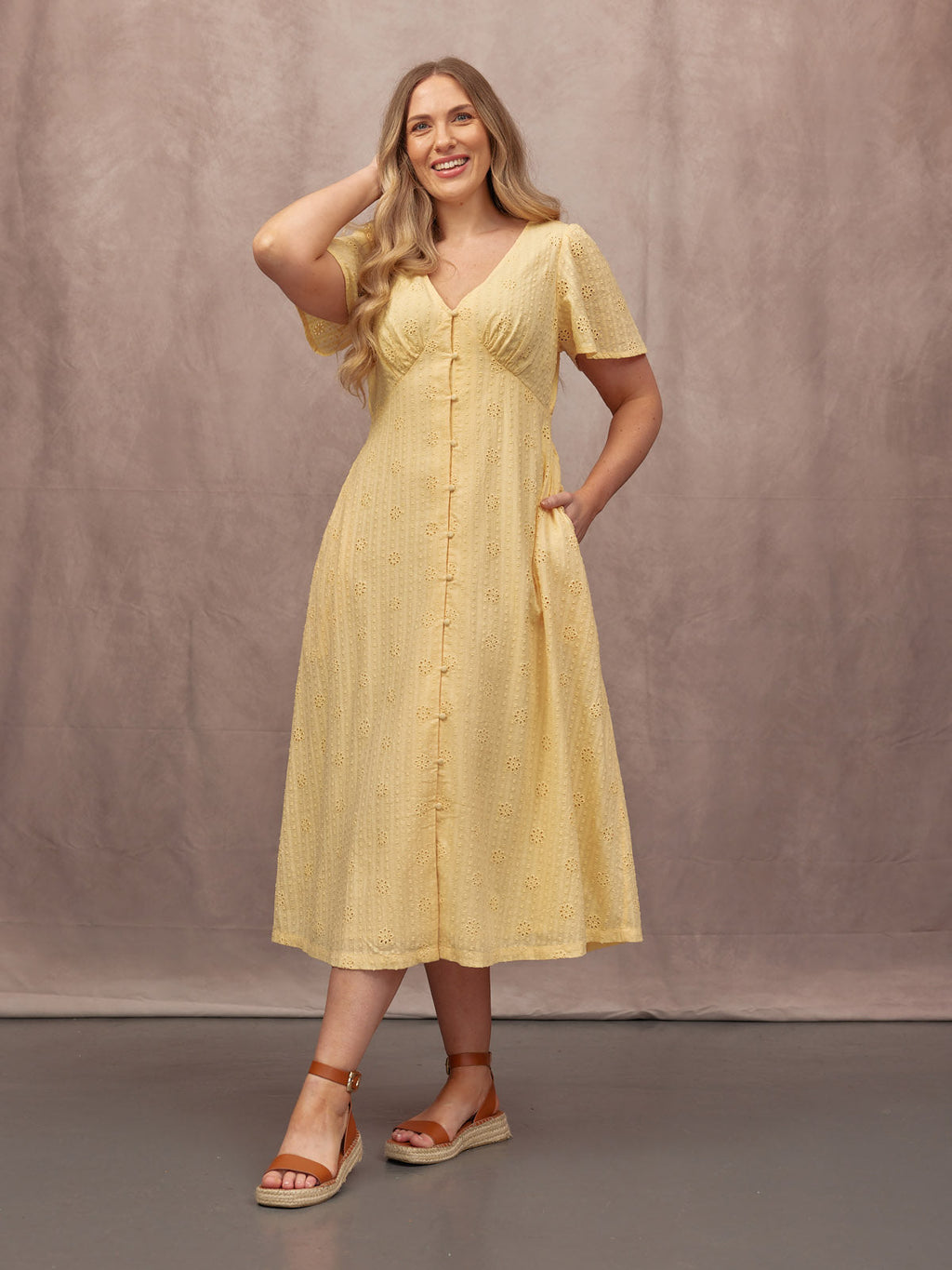 Allegra Broderie Button Through Dress - Yellow