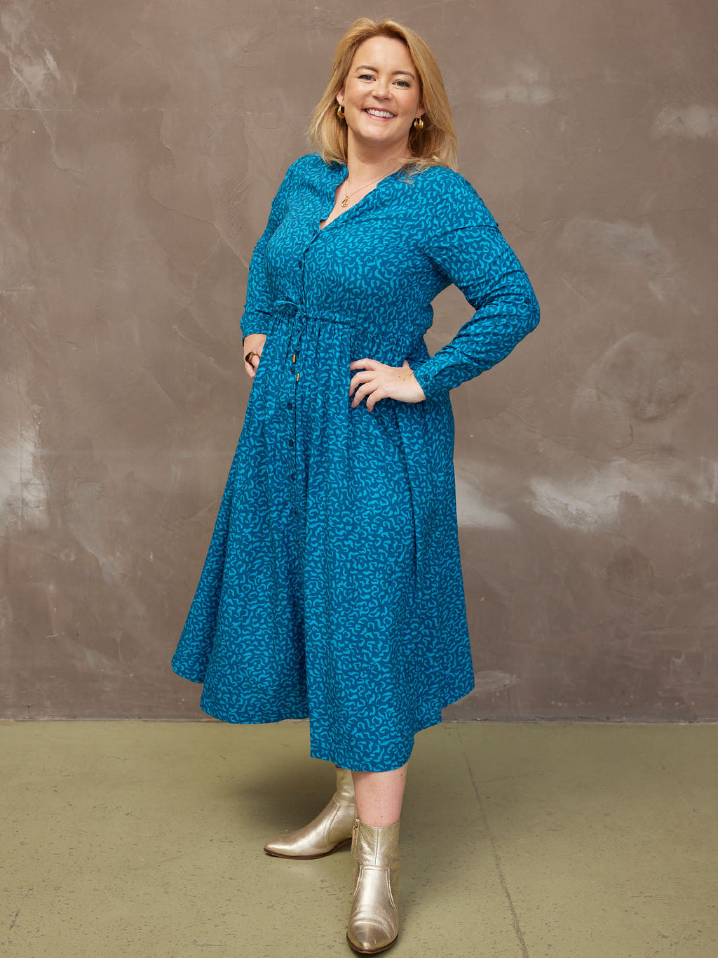 Ashleigh - Button Through Shirt Dress - Teal Print