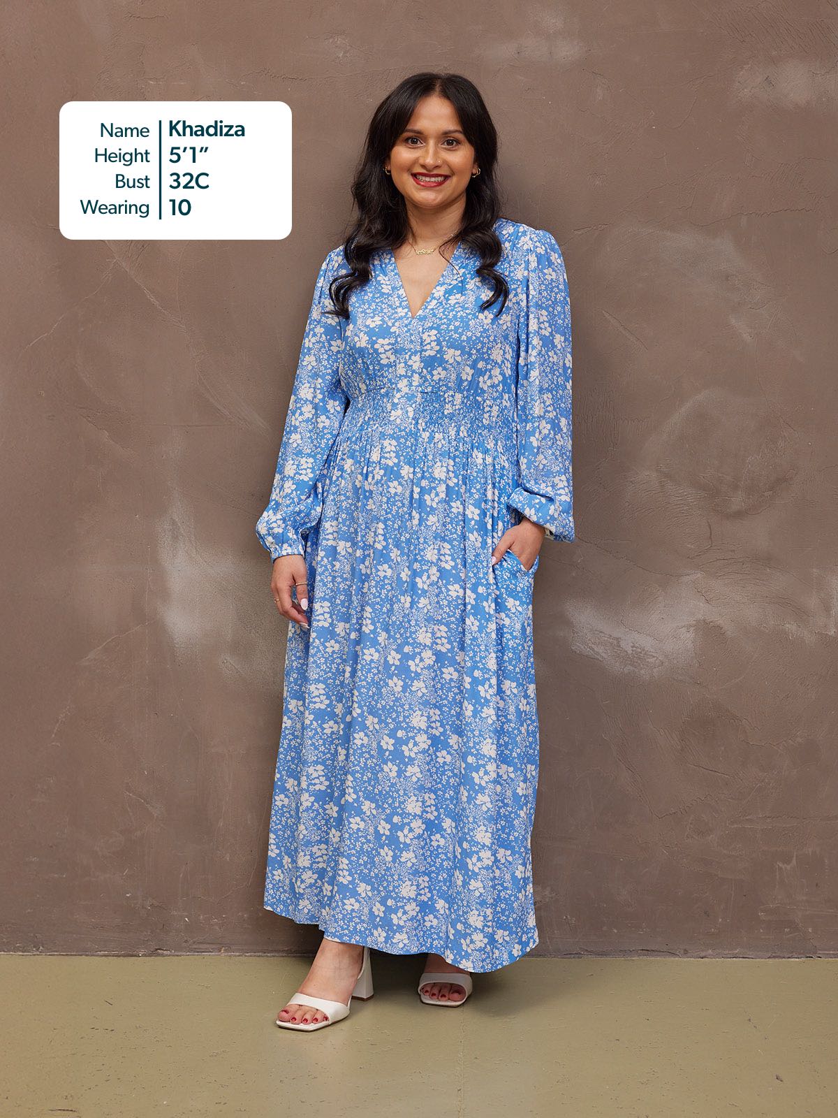 Audrey Shirred Waist V-Neck Dress - Blue Floral