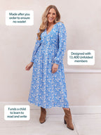 Audrey Shirred Waist V-Neck Dress - Blue Floral