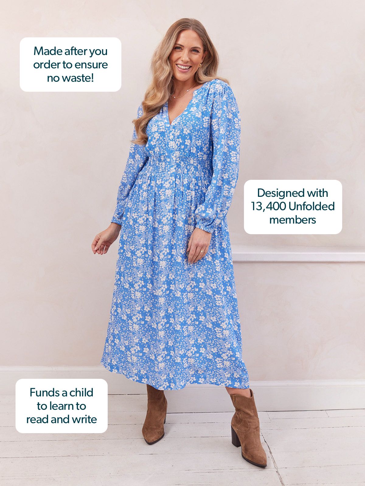 Audrey Shirred Waist V-Neck Dress - Blue Floral