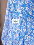 Audrey Shirred Waist V-Neck Dress - Blue Floral