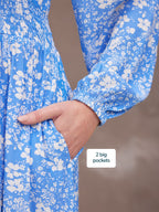 Audrey Shirred Waist V-Neck Dress - Blue Floral