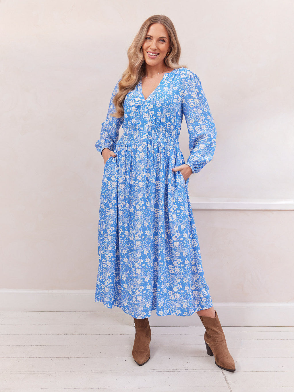 Audrey Shirred Waist V-Neck Dress - Blue Floral