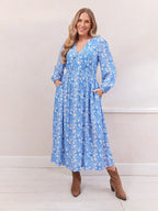 Audrey Shirred Waist V-Neck Dress - Blue Floral