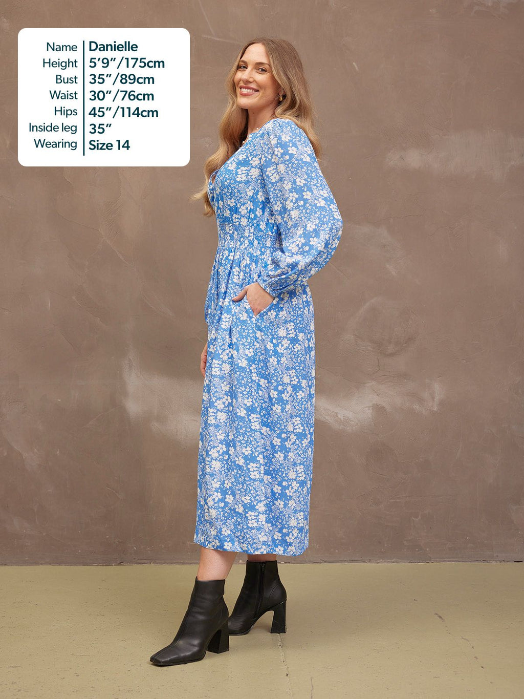 Audrey Shirred Waist V-Neck Dress - Blue Floral