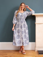Marisol Round Neck Shirred Dress - Ecru & Blue Sun Print