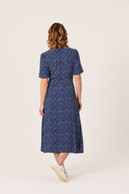 Lesley - Midi Button Wrap Dress - Blue Polkadot