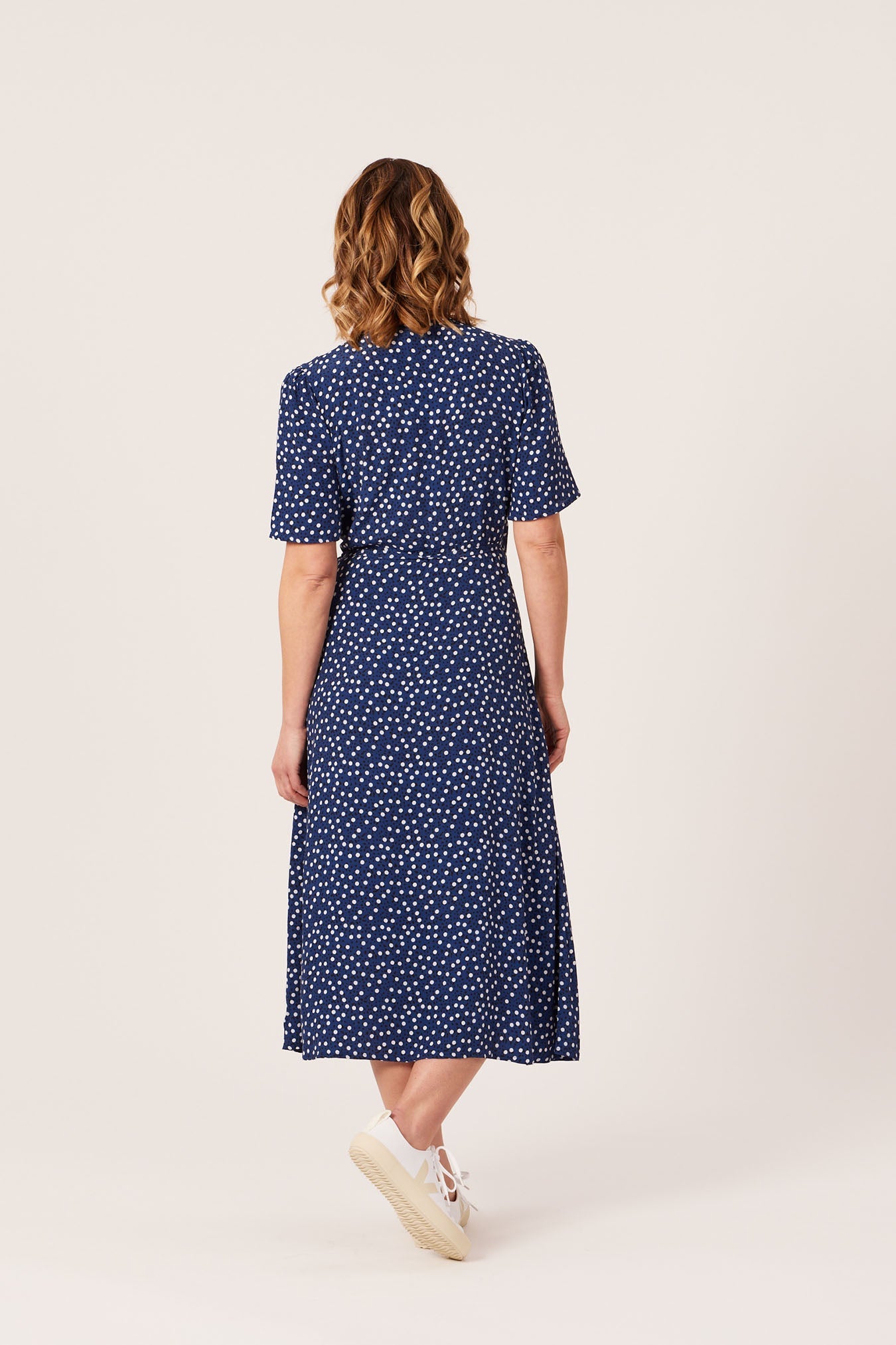 Lesley - Midi Button Wrap Dress - Blue Polkadot
