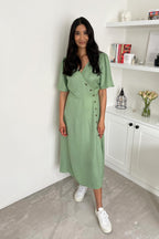 Lesley - Midi Button Wrap Dress - Green