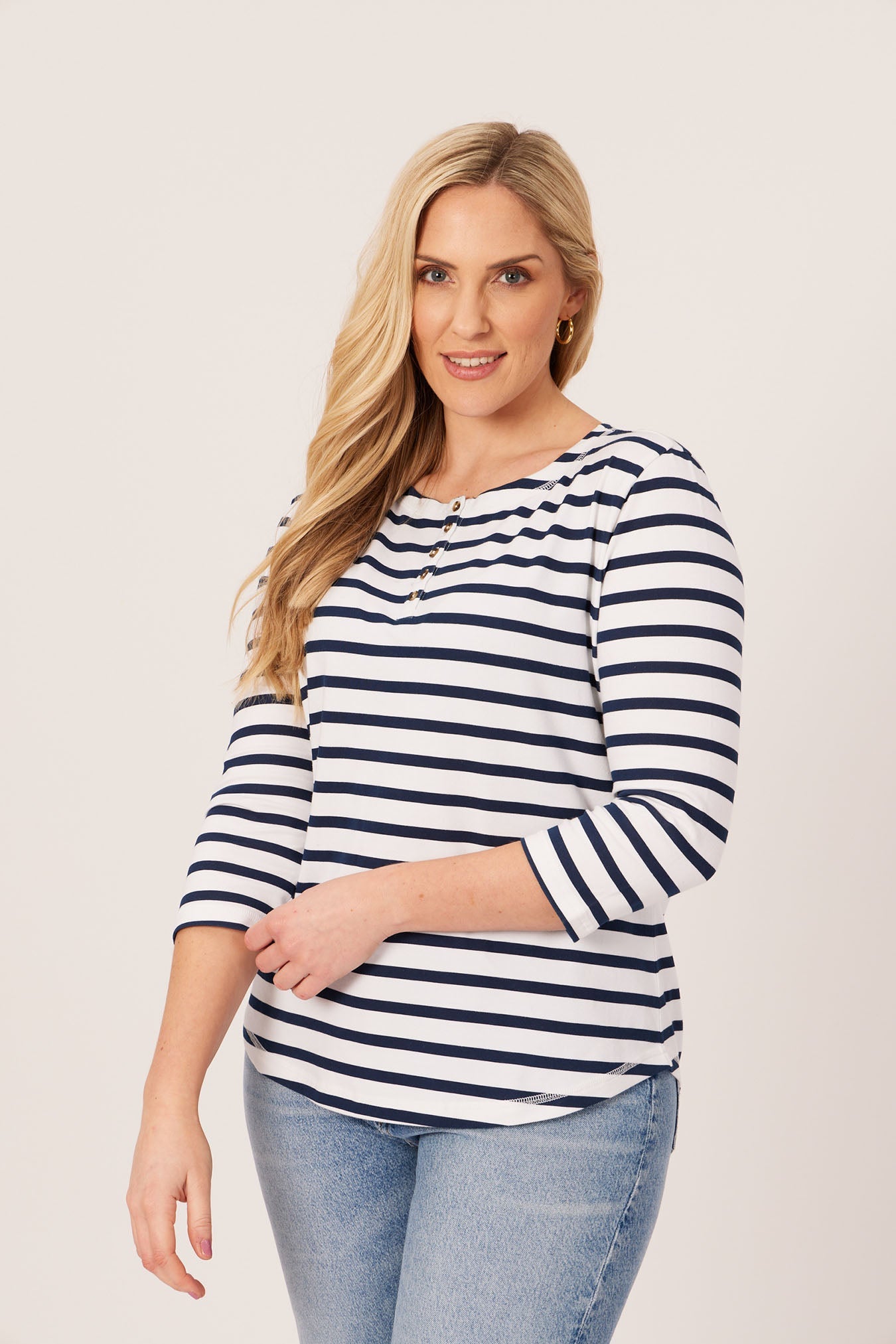Elizabeth - Henley Jersey Top - Stripe