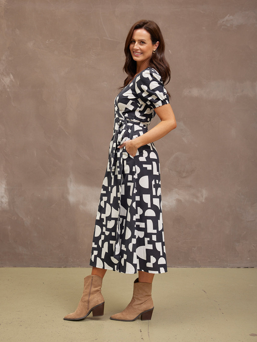 Callie Linen Mix Wrap Dress - Geo Print