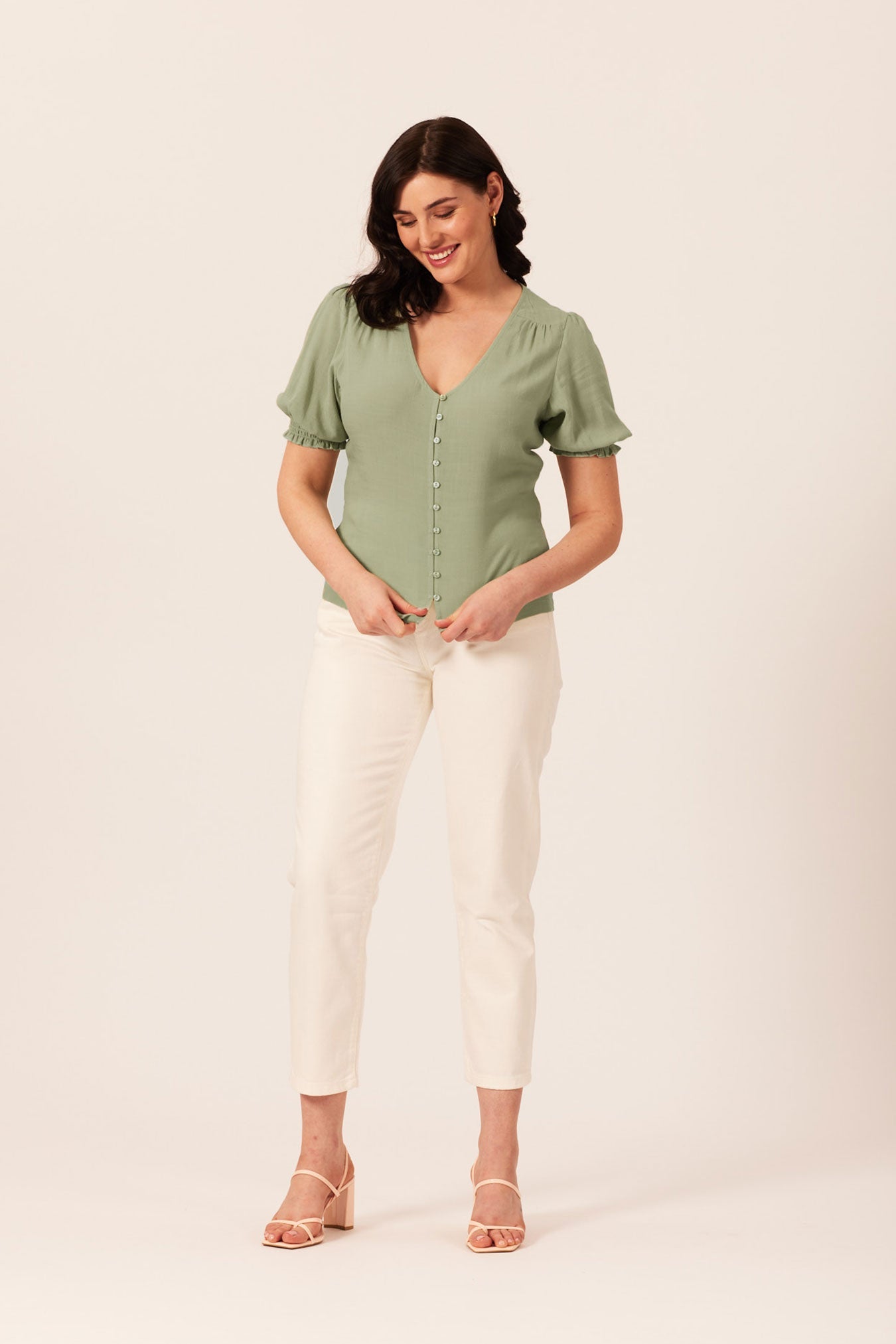 Caroline Button Front Puff Sleeve Top