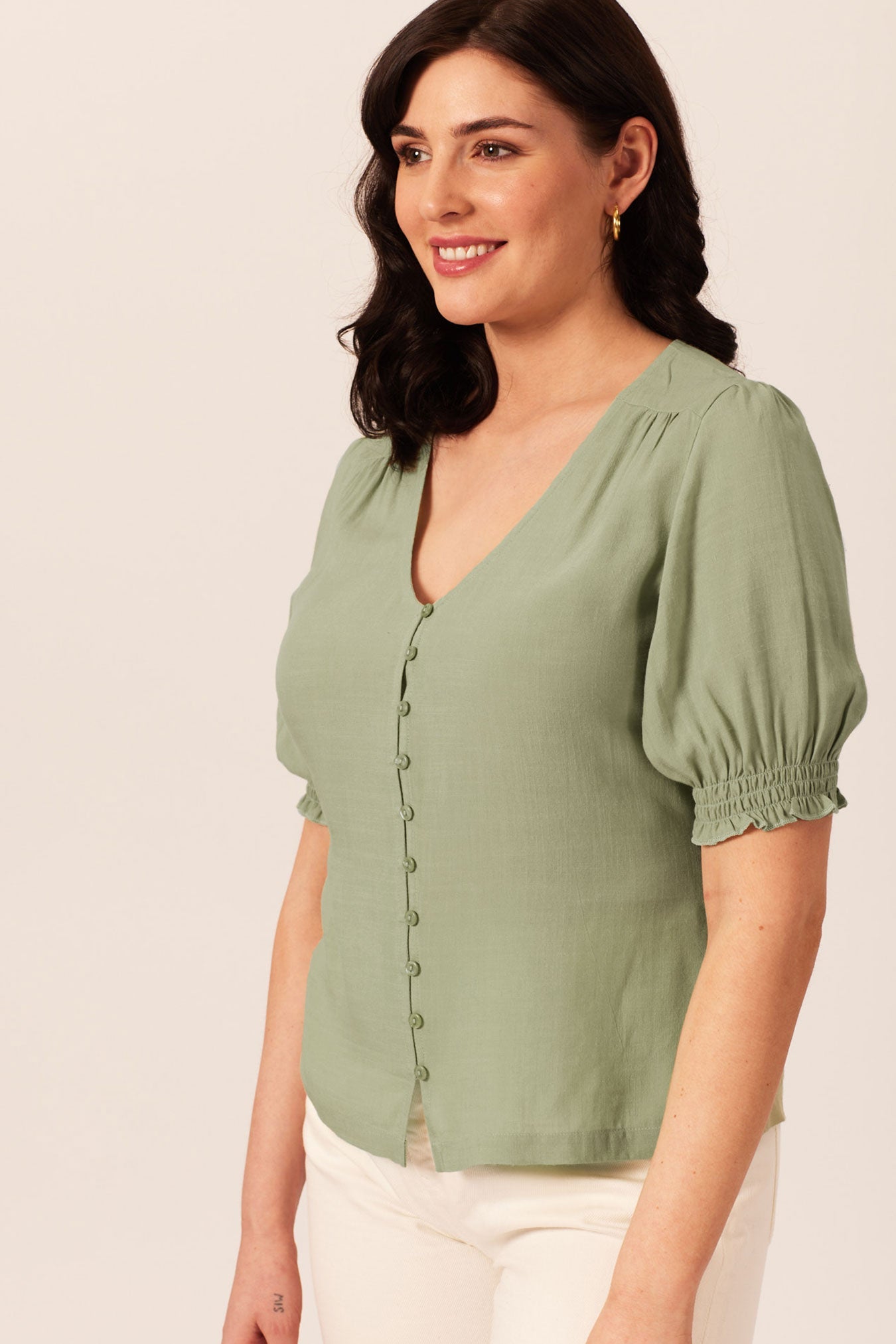 Caroline Button Front Puff Sleeve Top
