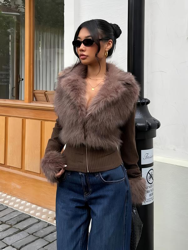 Women's Fashion Street Style Patchwork Knit Faux Fur Jacket, Zipper Long Sleeve Coat, Fall & Winter Thick Fabric, Casual Wear