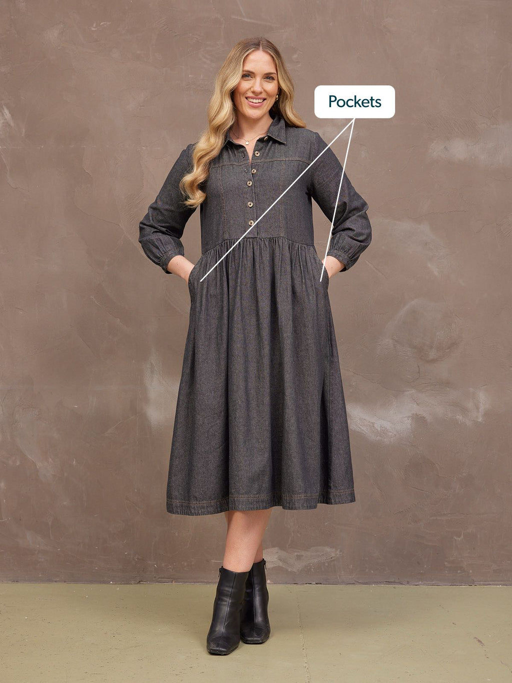 Daisie Denim Charcoal Dress - Rhiona Long Sleeve