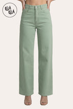 Viral Stretchy High-Waist Straight Wide Leg Jeans in Sage Green