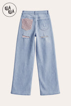 Stretchy Diamante Back Pocket Ripped Jeans in Light Blue
