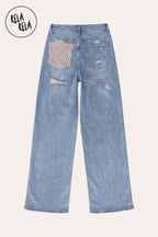 Stretchy Diamante Back Pocket Ripped Jeans in Blue