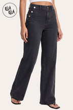Tall Girl Friendly Button Detail Wide Leg Jeans in Charcoal