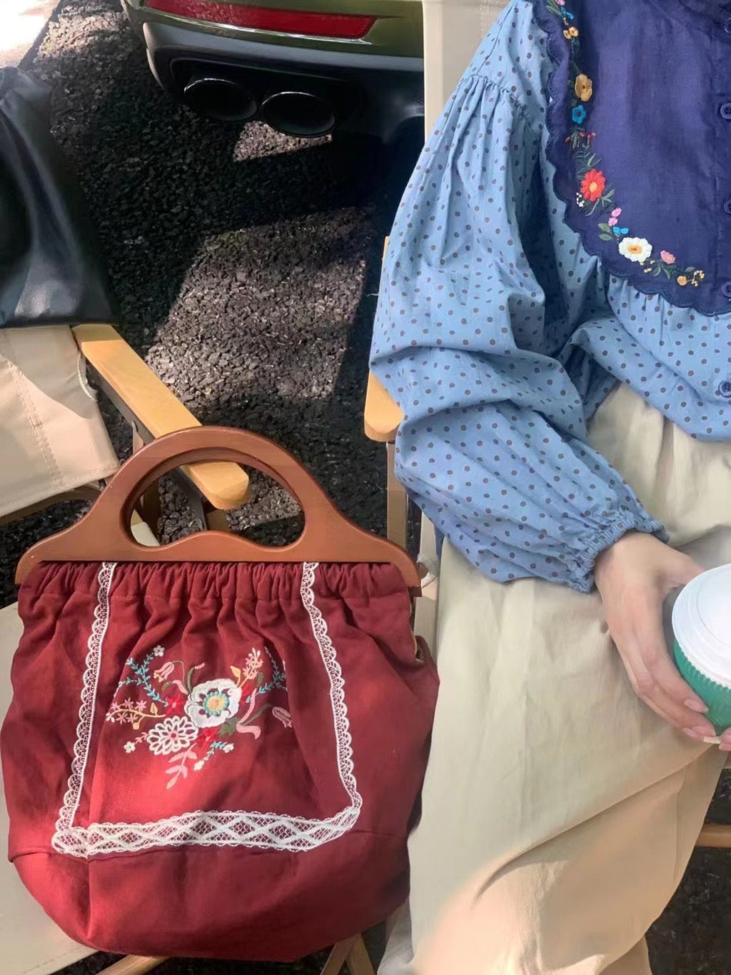 Embroidered Wooden Handle Bag