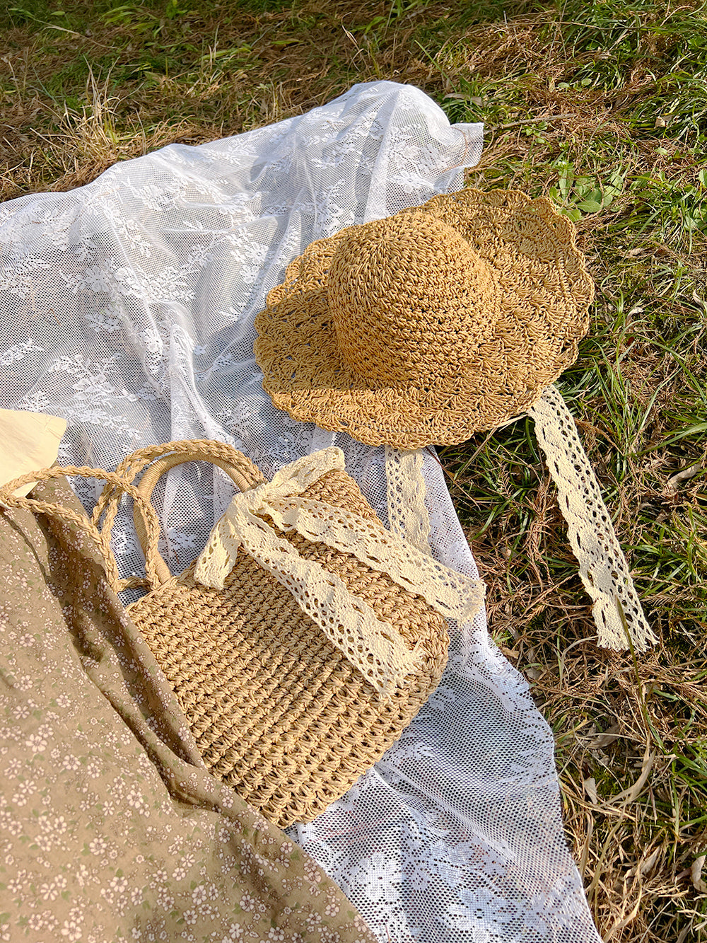 Handmade 2 Way Straw Bag With Lace Ribbon