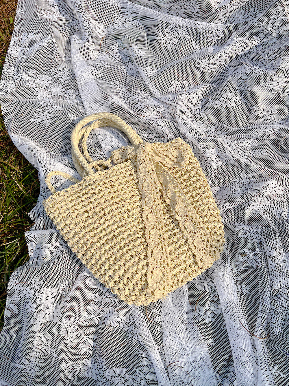 Handmade 2 Way Straw Bag With Lace Ribbon