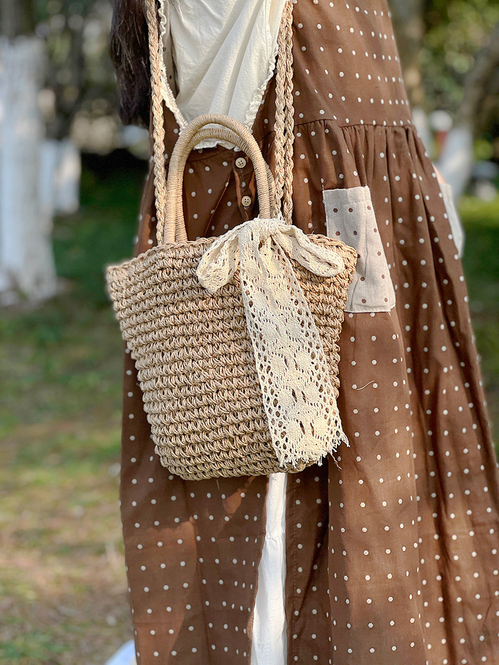 Handmade 2 Way Straw Bag With Lace Ribbon