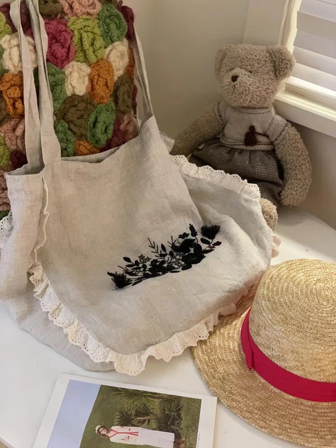 Naturecore Embroidered Linen Tote Bag