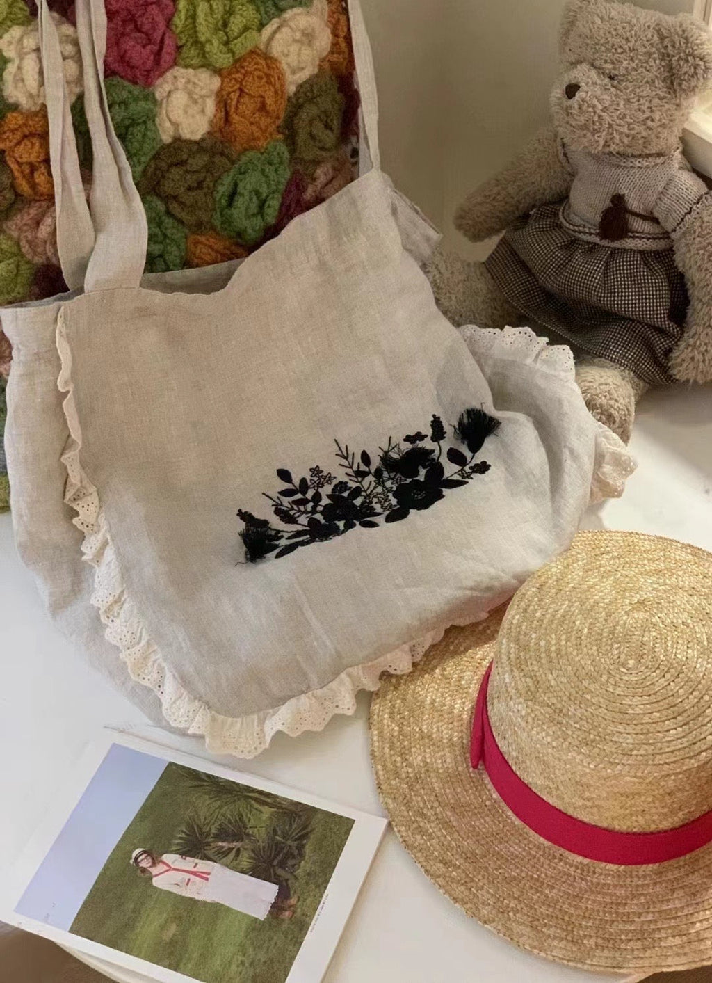 Naturecore Embroidered Linen Tote Bag