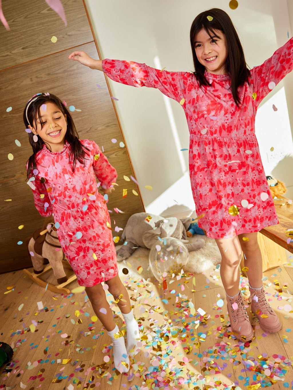 Izzy - Kids Long Sleeve Dress - Pink & Red Floral Print