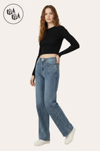 All-Over Sparkle Rhinestone Stretchy Dad Fit Jeans in Denim Blue