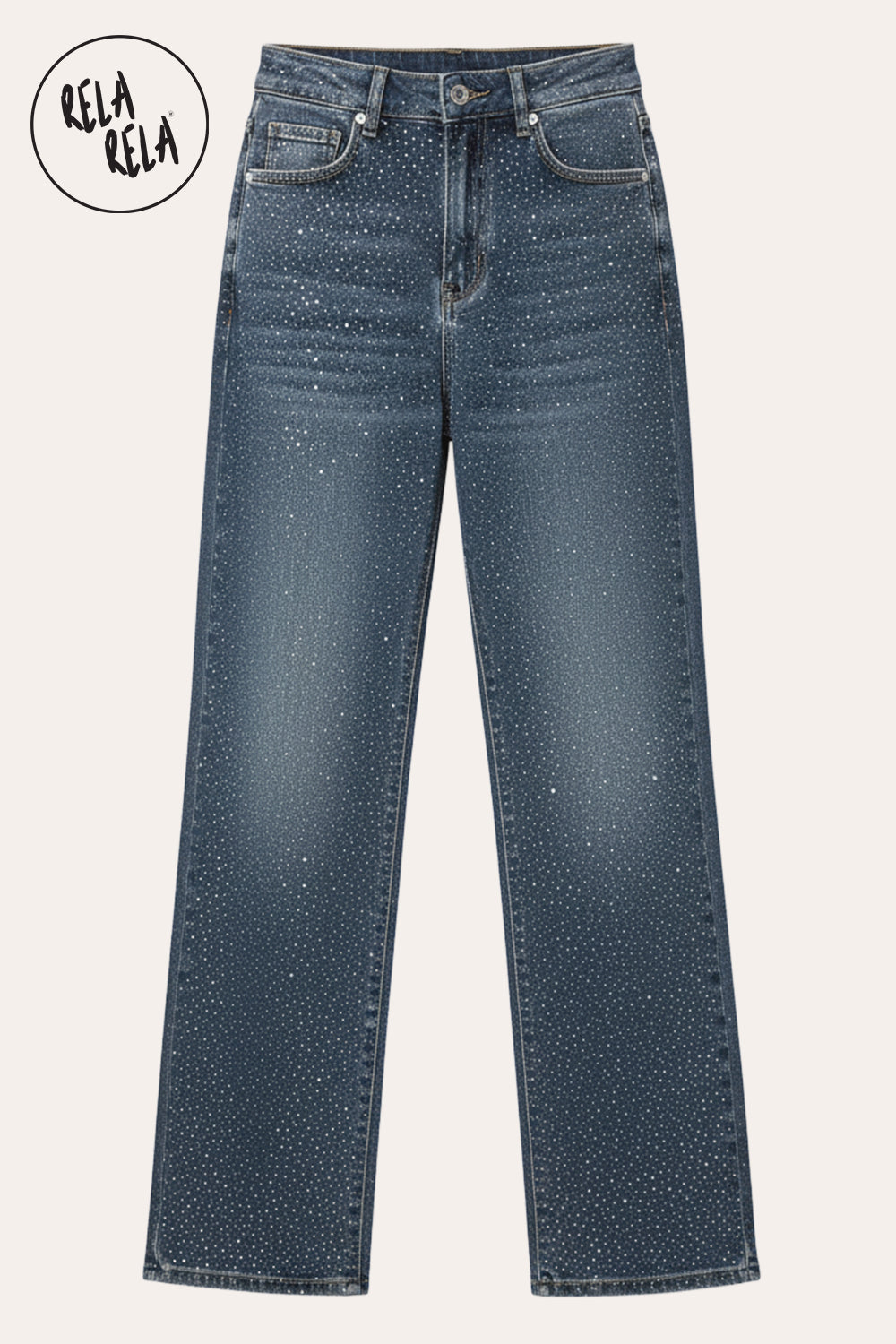 Viral Stretchy Dad Fit Jeans with All-Over Diamantes in Denim Blue