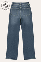 Viral Stretchy Dad Fit Jeans with All-Over Diamantes in Denim Blue