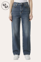 Viral Stretchy Dad Fit Jeans with All-Over Diamantes in Denim Blue