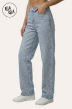 Limited Edition Viral Stretchy Dad Fit Jeans with Multi-Colour Mermaid Rhinestones