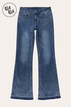 Viral Stretchy Low-Waisted Flap Pocket Bootcut Flared Jeans in Denim Blue
