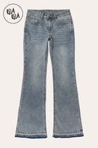 Viral Stretchy Low-Waisted Flap Pocket Bootcut Flared Jeans in Vintage Blue