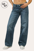 Y2K Viral Stretch Petite-Friendly Low Waisted Wide Leg Jeans - Denim Blue
