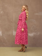 Julia - Printed Shirt Midi Dress - Pink Floral