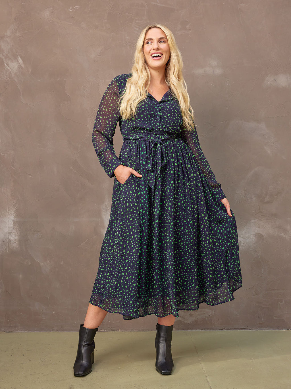 Julia - Printed Shirt Midi Dress - Navy and Green