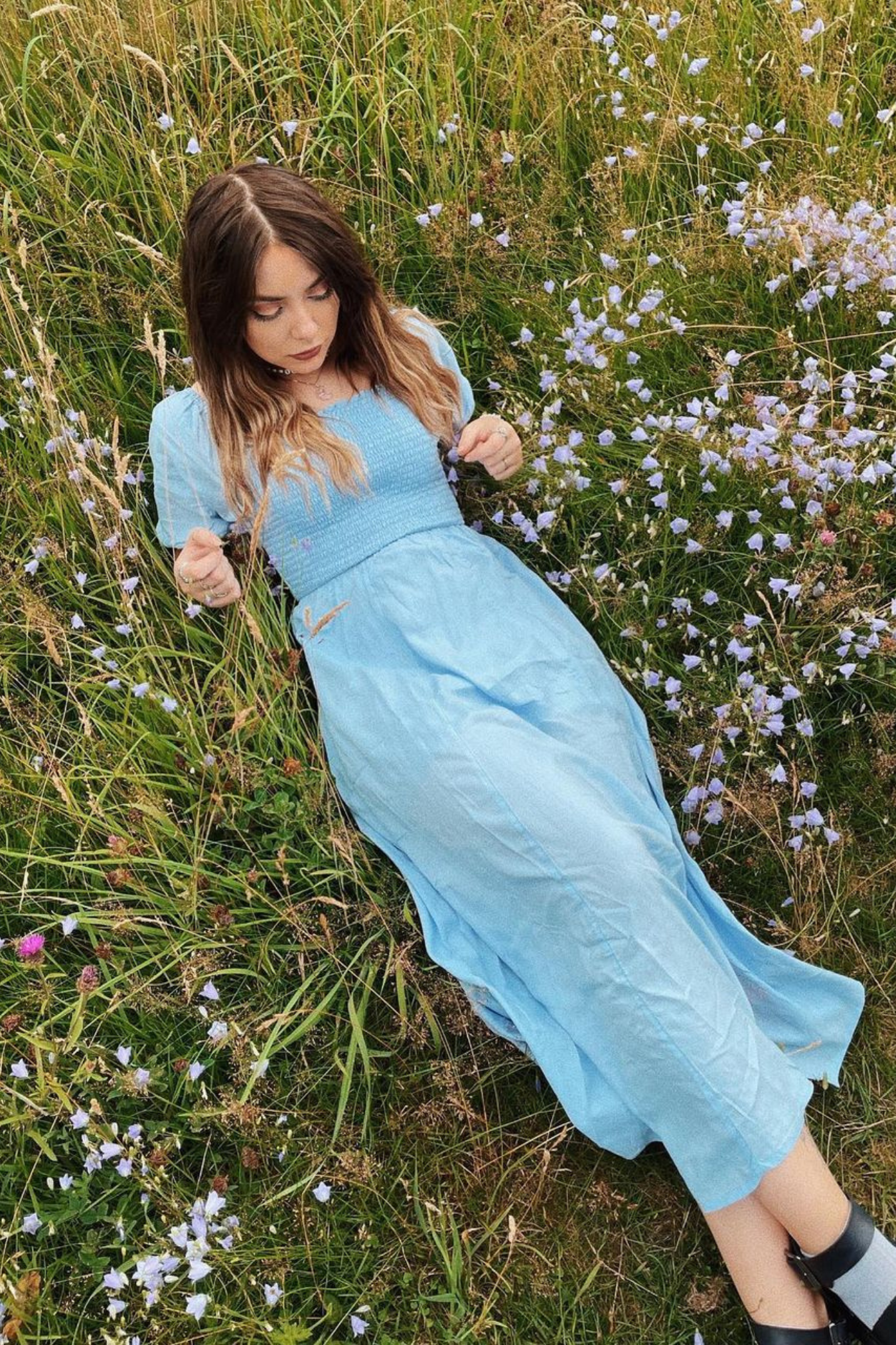 Katie - Shirred Bodice Midi Dress - Blue