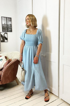 Katie - Shirred Bodice Midi Dress - Blue