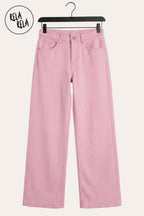 Pastel Tone Stretchy Wide Leg Dad Fit Jeans in Pink