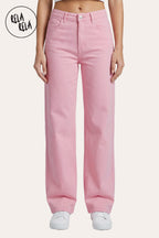 Pastel Tone Stretchy Wide Leg Dad Fit Jeans in Pink