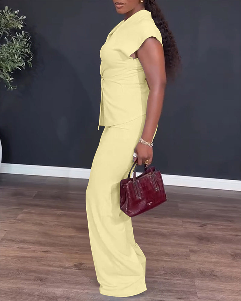 2 Pieces Outfit V-Neck Short Sleeve Twist Front Zipper Back Top and Straight Leg Pants Set Casual Commuting Set
