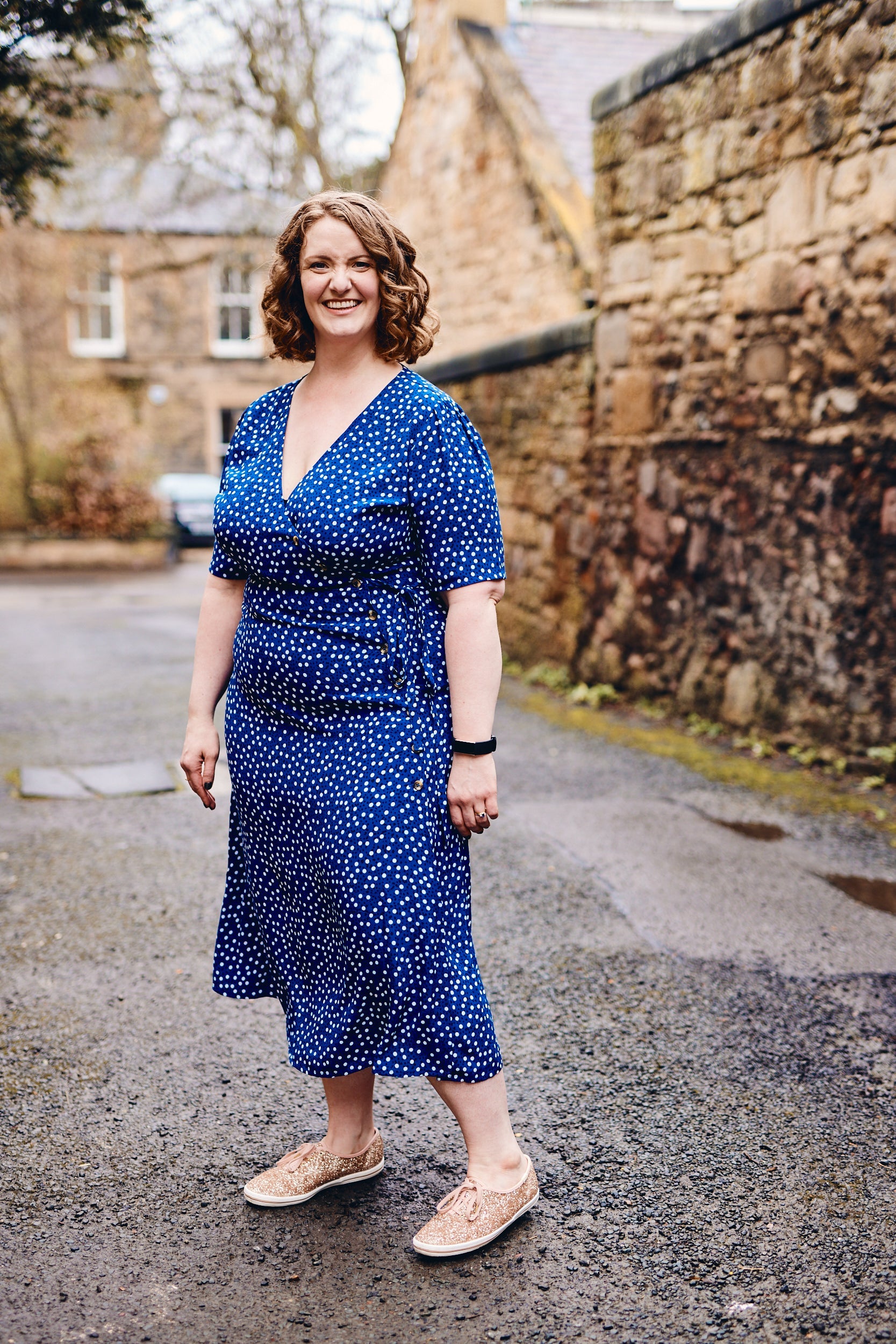 Lesley - Midi Button Wrap Dress - Blue Polkadot